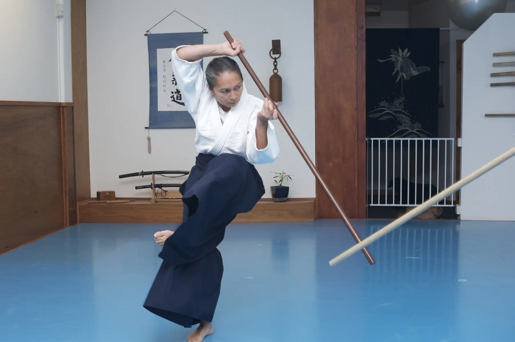 A practitioner moving dynamically with a jo during paired weapons practice